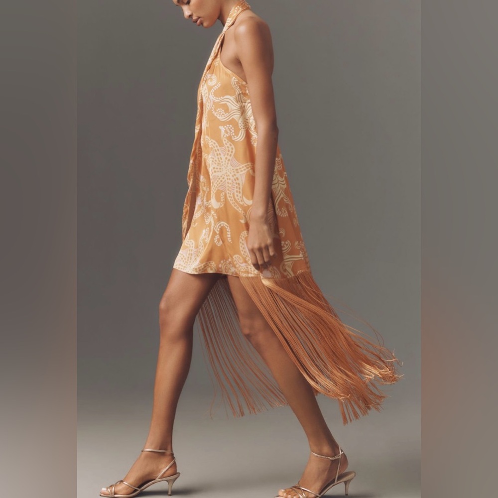 FARM Rio Orange Paisley Halter Fringe Mini Dress - Picture 4 of 12